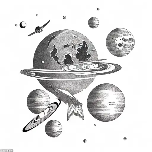 Astronaut floating among planets tattoo design idea