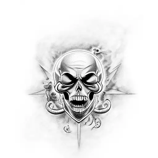 A hauntingly beautiful tattoo of a dark laughing skull adorned with heavy energy and occult symbols tattoo design idea