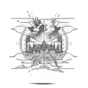 A disc golf disc soaring through a pixelated video game landscape tattoo design idea