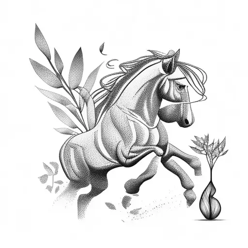 horse running with plants tattoo design idea