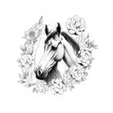 horse running with flowers and plants an grass tattoo design idea