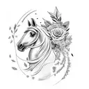 horse running with flowers and plants an grass tattoo design idea