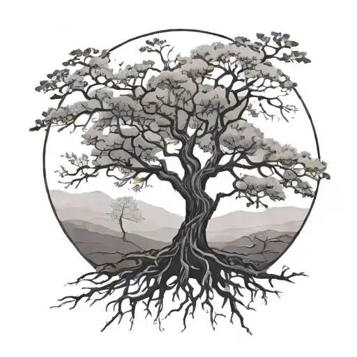 Create a minimalist black and grey tattoo of a barren tree with roots reaching deep into the ground, representing resilience through infertility tattoo design idea