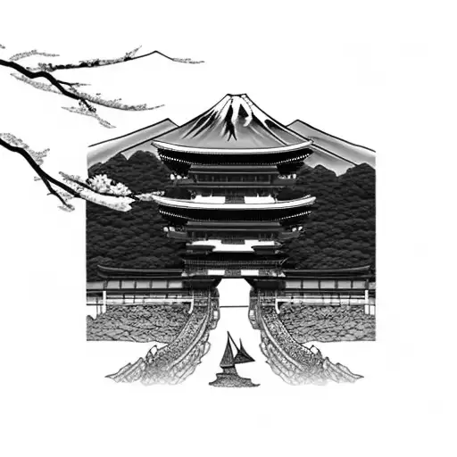 Mount Fuji, tori gate, cherry blossom tattoo design idea