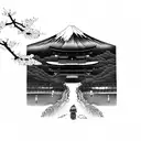 Mount Fuji, tori gate, cherry blossom tattoo design idea