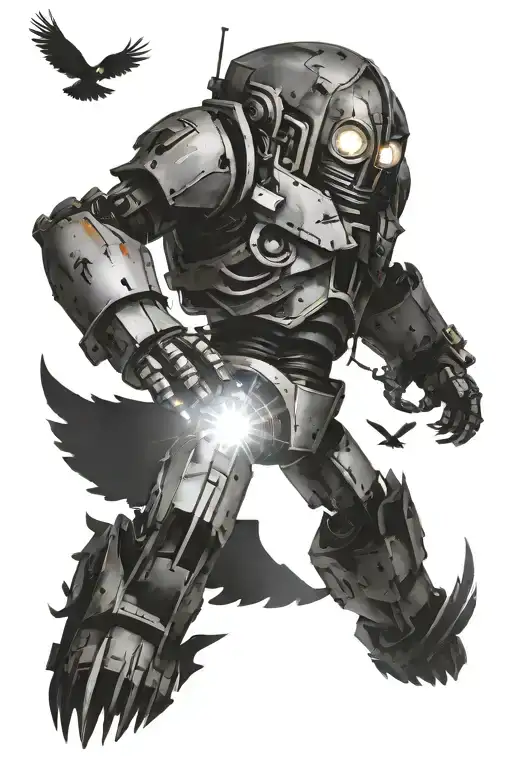 iron giant with a phoenix flying around each other tattoo design idea