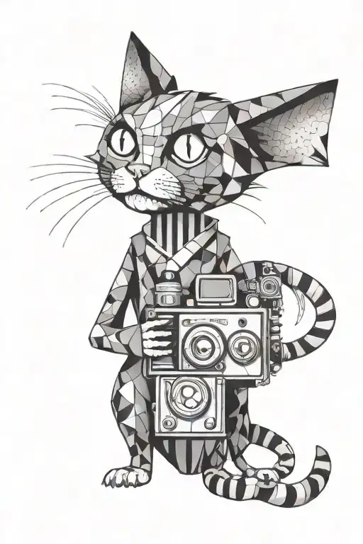 A tattoo design of a Tim Burton inspired cat character holding a film camera tattoo design idea