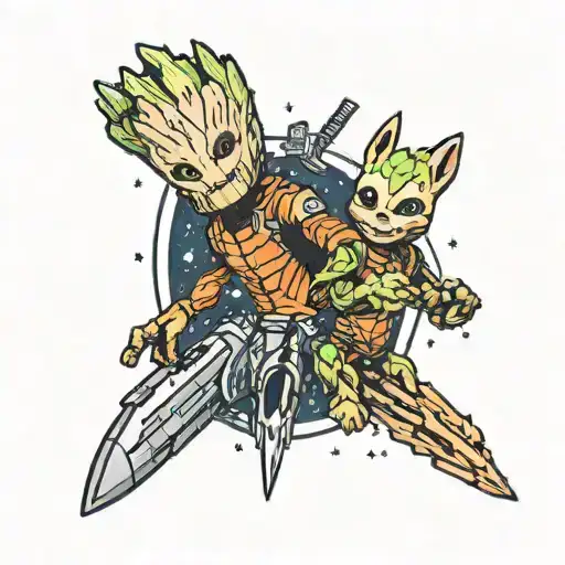 rocket and groot tattoo design idea