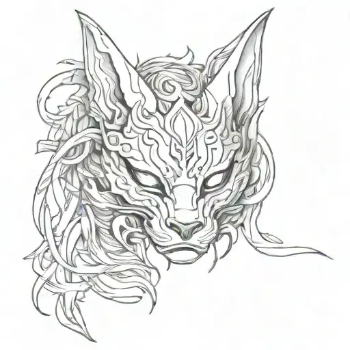 half oni mask half kitsune mask split in half tattoo design idea