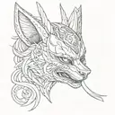 half oni mask half kitsune mask split in half tattoo design idea