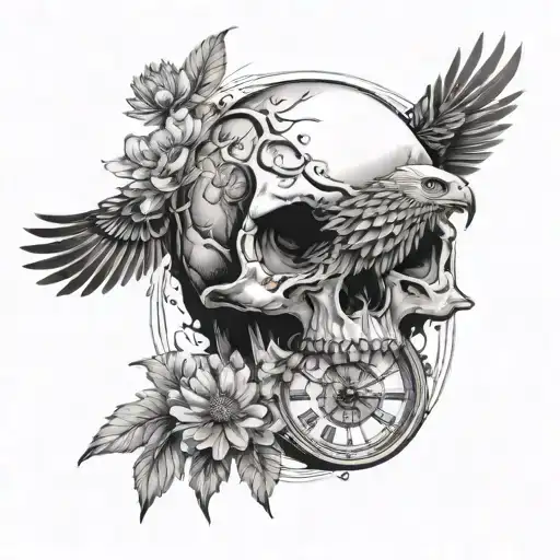 skull with dandelions, eagle, broken time piece tattoo design idea