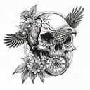 skull with dandelions, eagle, broken time piece tattoo design idea