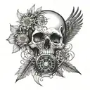 skull with dandelions, eagle, broken time piece tattoo design idea