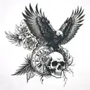skull with dandelions, eagle, broken time piece tattoo design idea