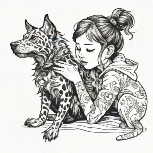 A whimsical anime-inspired portrait of your daughter playing with your dog and cat tattoo design idea