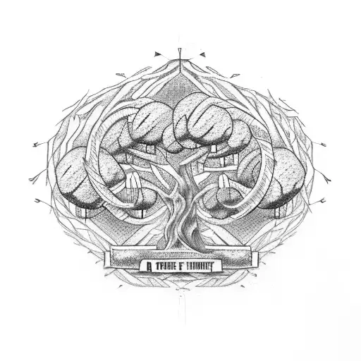 A family tree intertwined with barbells, showcasing the strength and unity of the family through weightlifting tattoo design idea