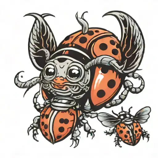 ladybug, tuna and monster emerging tattoo design idea
