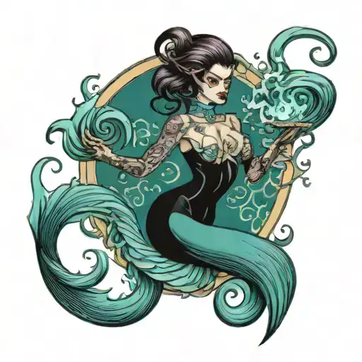 evil siren full body teal like smoke tattoo design idea