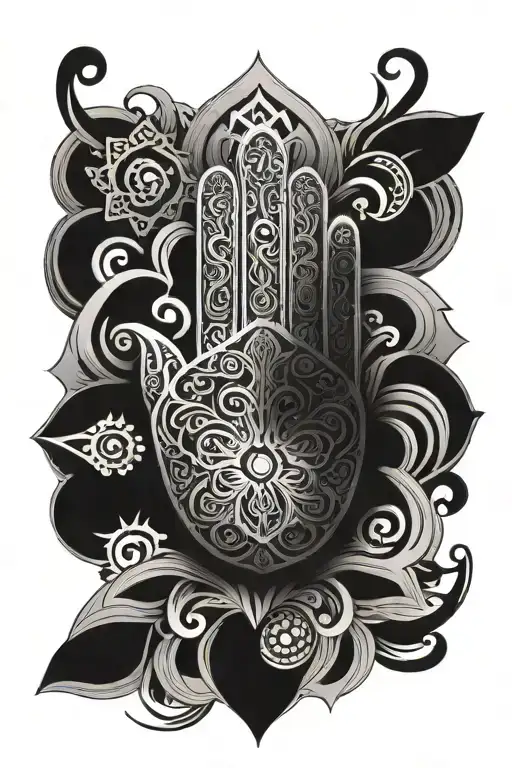 hand of Fatima integrated into a symmetrical pattern tattoo design idea