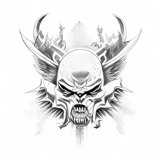 A depiction of a powerful warrior surrounded by a legion of demons and angels, symbolizing the constant struggle between good and evil tattoo design idea