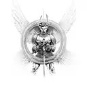 A depiction of a powerful warrior surrounded by a legion of demons and angels, symbolizing the constant struggle between good and evil tattoo design idea