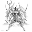 A depiction of a powerful warrior surrounded by a legion of demons and angels, symbolizing the constant struggle between good and evil tattoo design idea