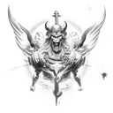 A depiction of a powerful warrior surrounded by a legion of demons and angels, symbolizing the constant struggle between good and evil tattoo design idea