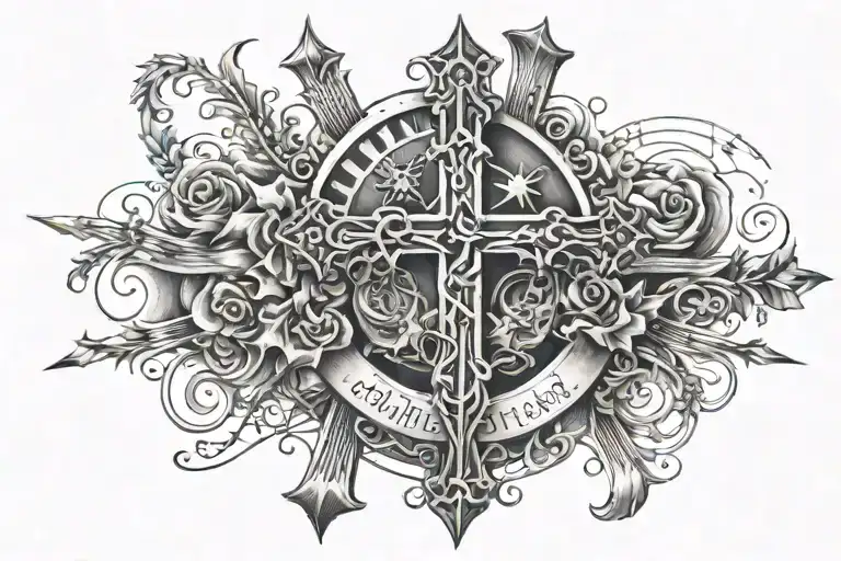 moms name and date of birth cross surrounded my music tattoo design idea