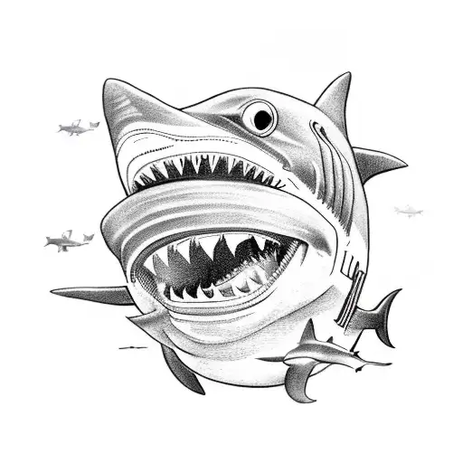 A comical tattoo depicting a shark wearing aviator goggles and flying a tiny airplane tattoo design idea