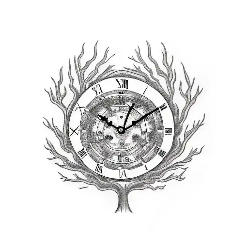 Traditional "Tree Roman Clock" Tattoo Idea BlackInk AI
