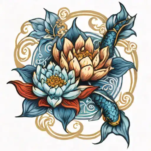 blue lotus flower, encircled by two koi fish swimming tattoo design idea