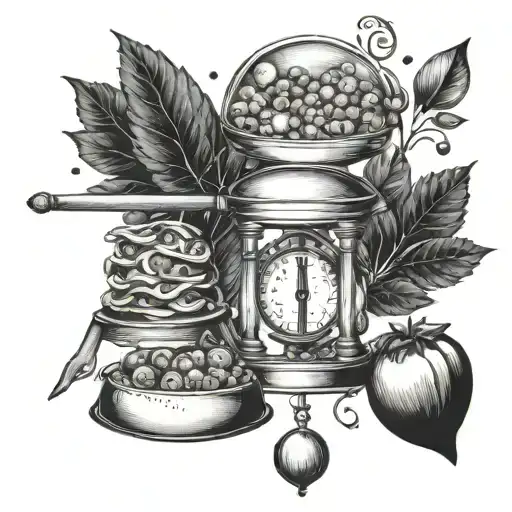 Incorporate a legal scale with food items on each side, symbolizing the balance between work and self-care through nutrition tattoo design idea