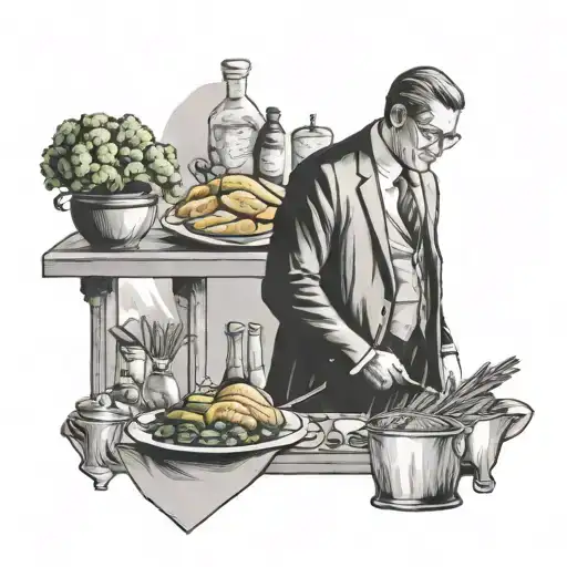 Create a tattoo of a lawyer standing confidently in front of a buffet of healthy food options, symbolizing the discipline and choices involved in weight loss tattoo design idea