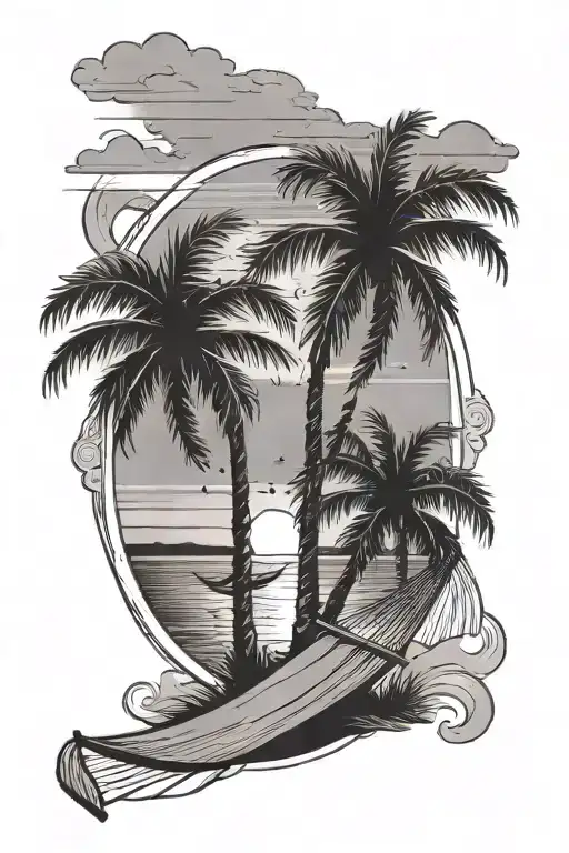 Two palm trees on the beach connected by a hammock and behind them is a sunset tattoo design idea