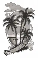 Two palm trees on the beach connected by a hammock and behind them is a sunset tattoo design idea