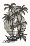 Two palm trees on the beach connected by a hammock and behind them is a sunset tattoo design idea