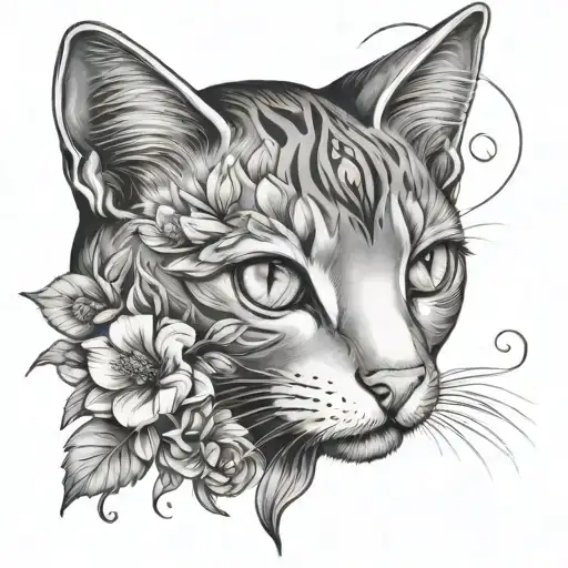 Cat flower moon surrounded tattoo design idea