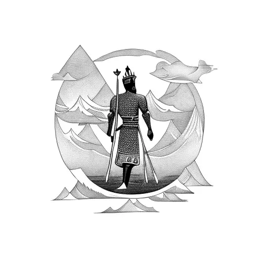 African king wandering the ocean looking for his throne. His ancestors and God are watching over him. tattoo design idea