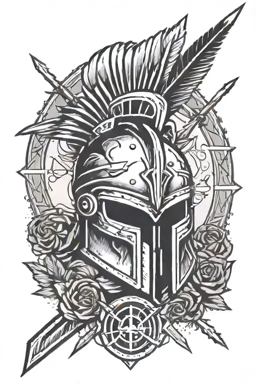 spartan helmet with spiral rams horns. and crossed special forces arrows in the background tattoo design idea