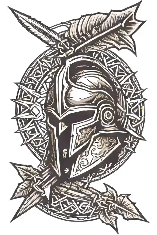 battle hardened spartan helmet with spiral rams horns on it. and crossed special forces arrows in the background tattoo design idea