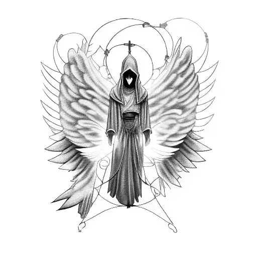 half sleeve disney style tattoo of the black face of a hooded woman with wings, breaking through wires, glowing eyes, wi tattoo design idea