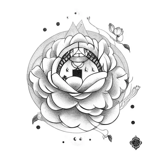 Black and white lantern with peonies, lotuses and a pigeon tattoo design idea