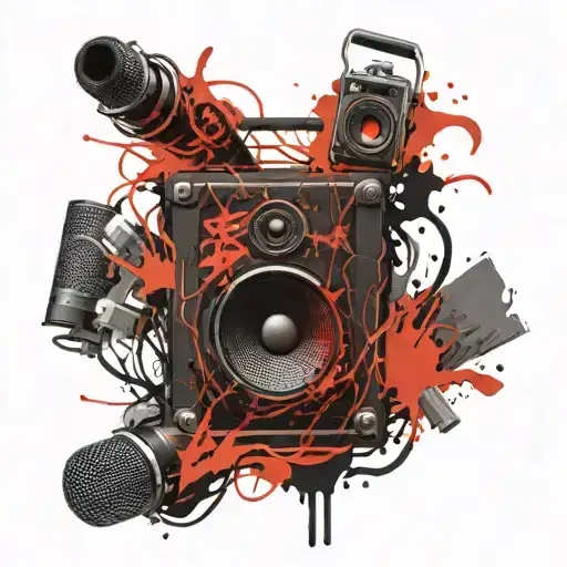 a black speaker, medium size, with a graffiti on the side with the word "LOYAL", and with 3 microphones connected tattoo design idea