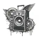 a black speaker, medium size, with a graffiti on the side with the word "LOYAL", and with 3 microphones connected  tattoo design idea