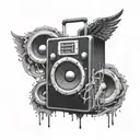 a black speaker, medium size, with a graffiti on the side with the word "LOYAL", and with 3 microphones connected  tattoo design idea