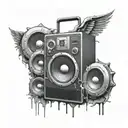 a black speaker, medium size, with a graffiti on the side with the word "LOYAL", and with 3 microphones connected  tattoo design idea
