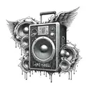 a black speaker, medium size, with a graffiti on the side with the word "LOYAL", and with 3 microphones connected  tattoo design idea