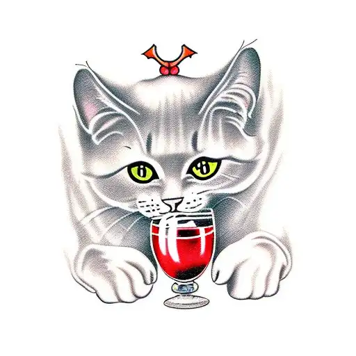 black cat drinking wine tattoo design idea