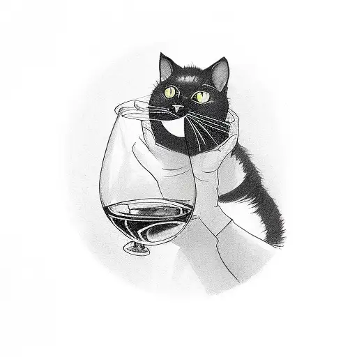 black cat drinking wine tattoo design idea