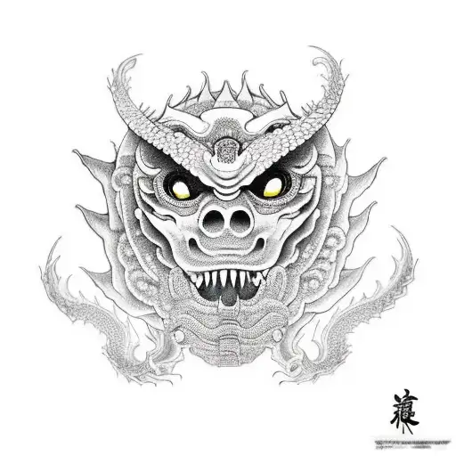 mascara de oni con una cuerda peleandose con un dragon, al dragon solo se le ve la cara  tattoo design idea